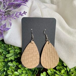 Faux Leather Tan Basket Weave Water Drop Earrings